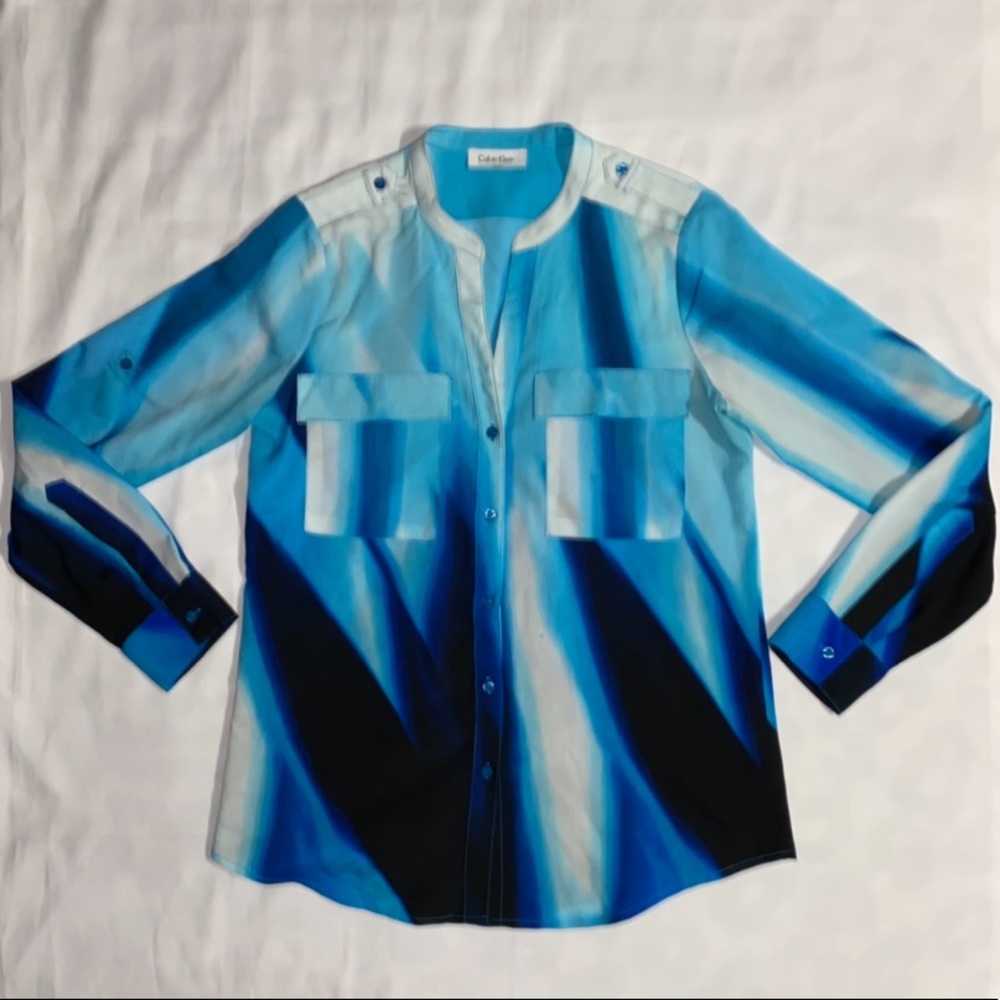 Calvin Klein Button Down Blue, Black & White Patterned Blouse